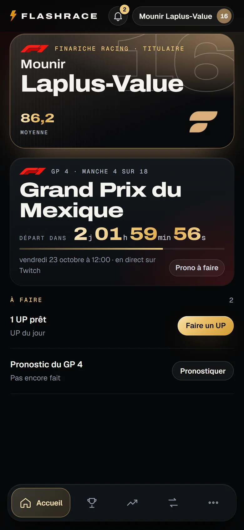 Application FlashRace, écran d'accueil : la carte du pilote, le compte à rebours du Grand Prix du Mexique et la liste « À faire ».