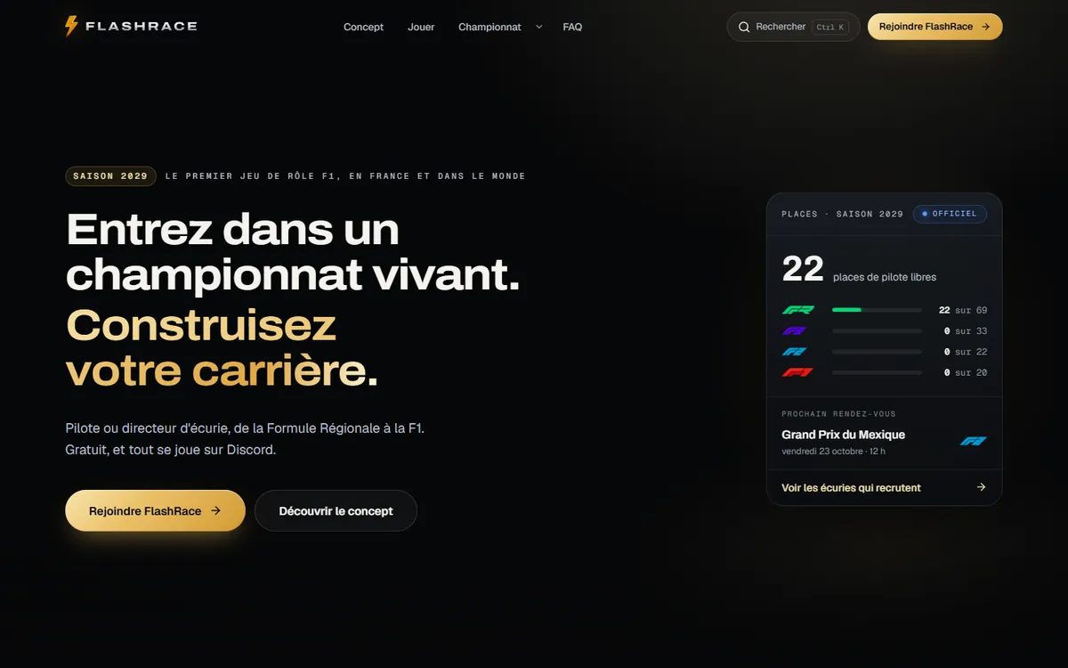 Accueil du site flashrace.fr sur ordinateur : « Entrez dans un championnat vivant. Construisez votre carrière. » et la carte des places de pilote libres.